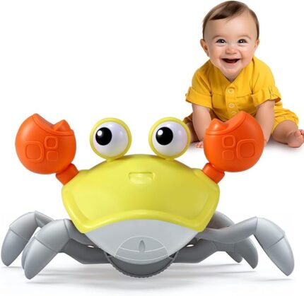 Yellow Crawling Crab Baby Toy - Tummy Time Crab Infant Walking Crab Dancing Moving Crawl Crab with Music & Light Cute Interactive Running Escape Catch Me Crab for Crawler Walker Side Walk Toddler Crab