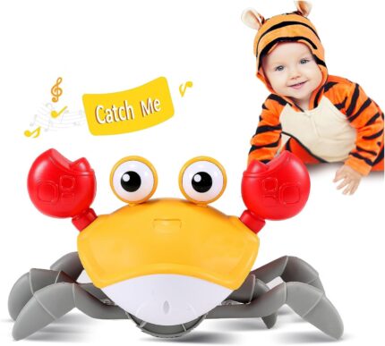 Orange Crawling Crab Baby Toy Gifts: Tummy Time Toys Walking Dancing Cute Essentials Electric Induction Sensory Stuff Moving Babies Crabs with Light Up Music for Toddler Boys Girls Items Interaction Gadgets