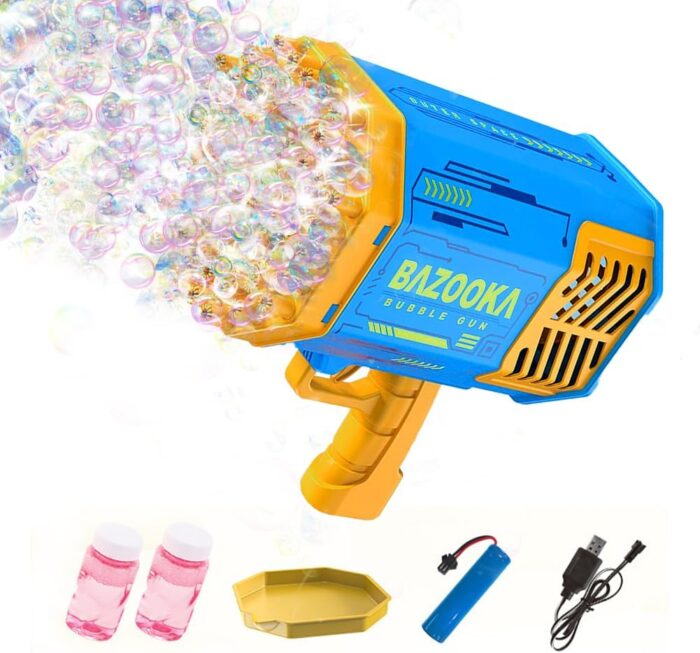 Blue Bubble Gun Bubble Machine Gun - 69 Holes Automatic Bubble Machine - Blue Bubble Blower for Kids and Adults