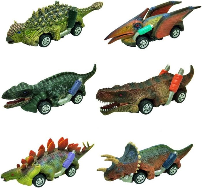 Dinosaur Toy Pull Back Cars - 6 Pack with T-Rex for Kids Age 3+