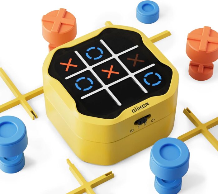 Yellow GiiKER Tic Tac Toe Bolt Game - 3-in-1 Handheld Puzzle Game Console - Portable Travel Games for Kids and Adults