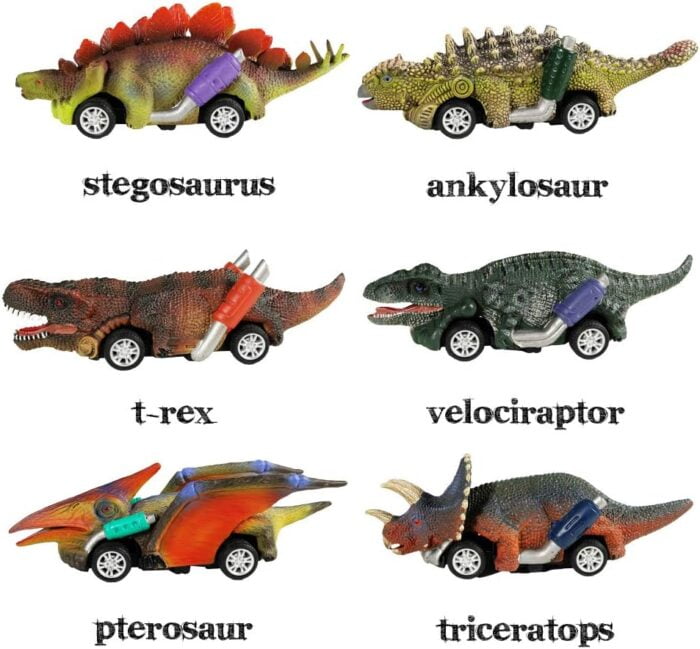 Dinosaur Toy Pull Back Cars - 6 Pack with T-Rex for Kids Age 3+