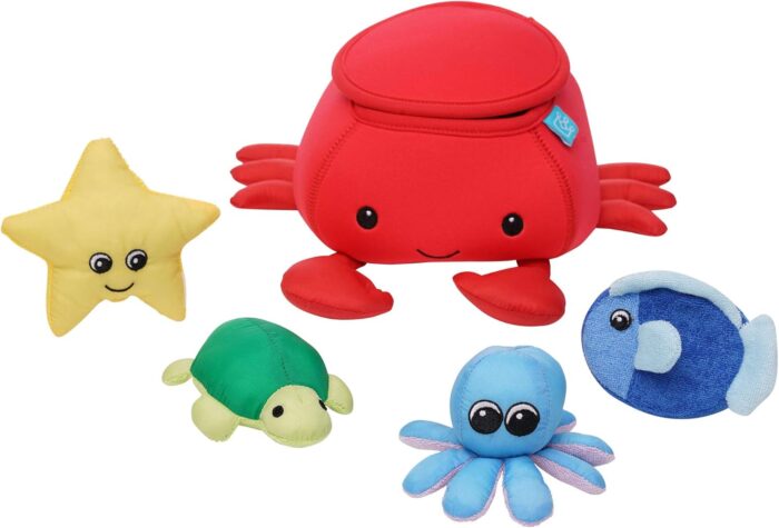 Neoprene Crab 5-Piece Floating Spill n Fill Bath Toy with Quick Dry Sponges and Squirt Toy