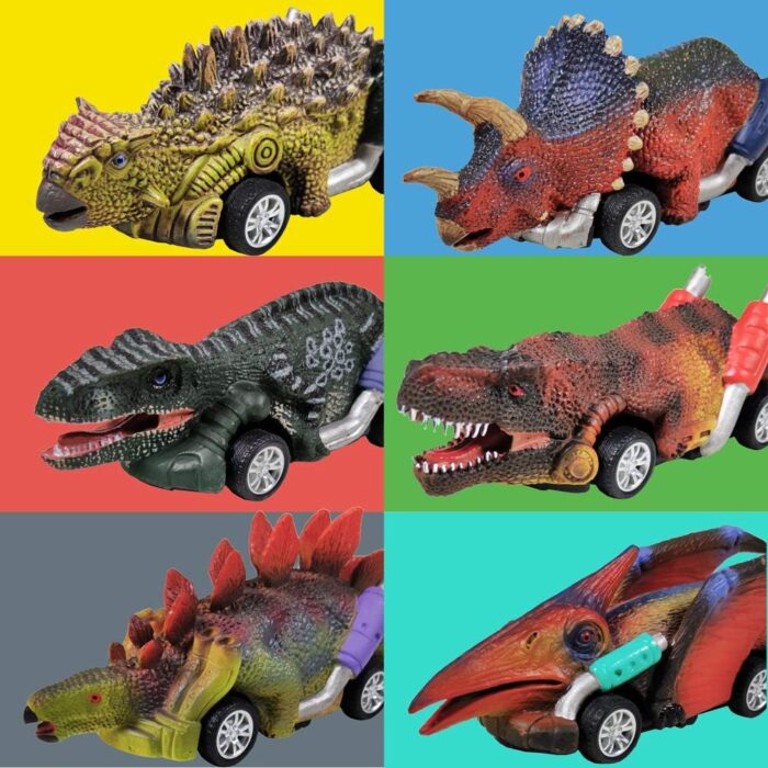 Dinosaur Toy Pull Back Cars - 6 Pack with T-Rex for Kids Age 3+