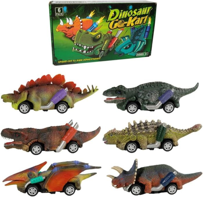 Dinosaur Toy Pull Back Cars - 6 Pack with T-Rex for Kids Age 3+