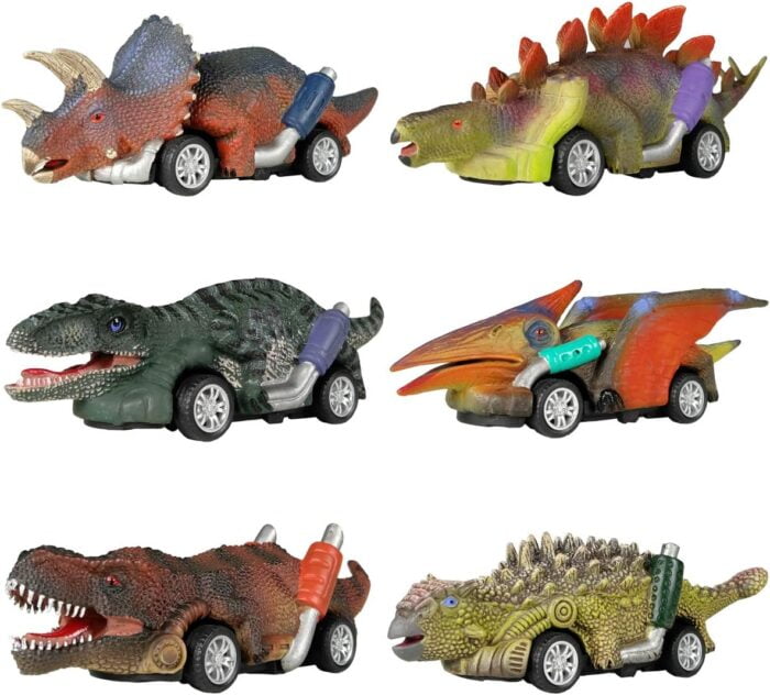 Dinosaur Toy Pull Back Cars - 6 Pack with T-Rex for Kids Age 3+