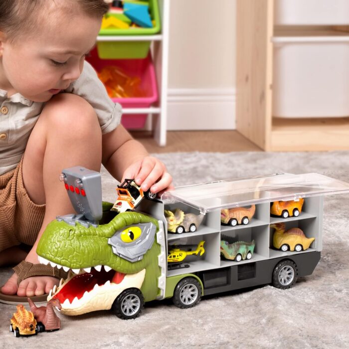 13-in-1 Dinosaur Truck Toys - Dinosaur Truck with 12 Pull Back Cars for Kids 3-5