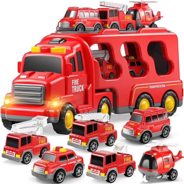 TEMI Toddler Truck Toys - 7 Pack Friction Power Vehicle Set for Kids 3-5 Years