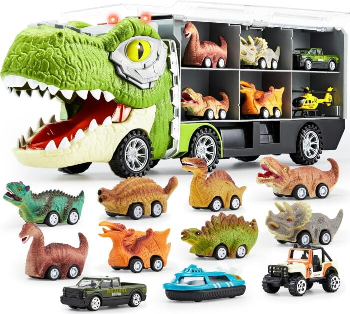 13-in-1 Dinosaur Truck Toys - Dinosaur Truck with 12 Pull Back Cars for Kids 3-5